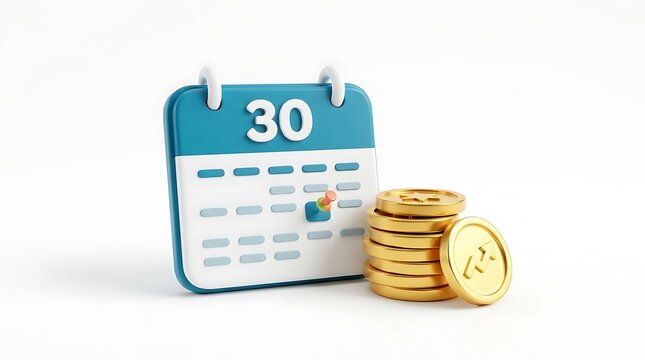 3d calendar icon with stack of gold coins for financial planning and payment deadline concept isolated on white background