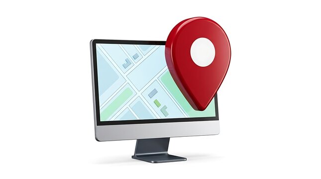 Red location map pin icon hovering over a computer screen with a digital map isolated on white background
