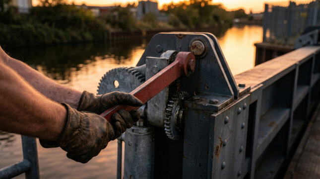 Flood barrier gate operation close up at sunset, manual lever on metal flood gate by river