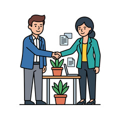 Fototapeta premium business partners shaking hands over desk with plants and laptop