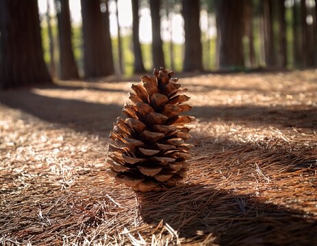 pinecone surrounded by shadowed trees