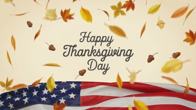 Thanksgiving Happy Thanksgiving Day greeting card with falling autumn leaves and waving United States flag background for holiday social media USA