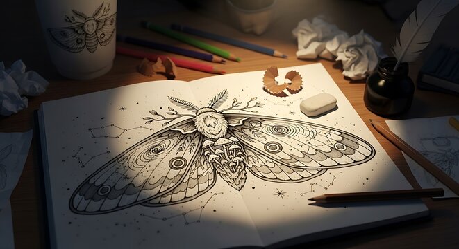 Detailed black ink drawing of a moth in an open sketchbook