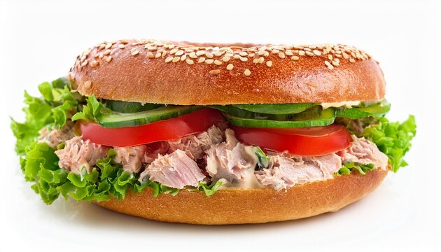 tuna salad sandwich with fresh vegetables on a bagel bun isolated on white
