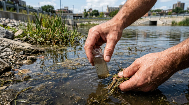 Urban water sample collection near retention basin, close up of hands near stream bank