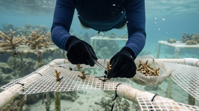 Coral reef nursery restoration underwater marine conservation coral fragment reef cage scuba diver gloved hand mesh platform ocean habitat