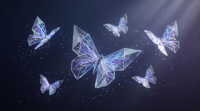 Crystalline butterflies with geometric facets glowing in a dark, ethereal environment with sparkling particles and light rays.