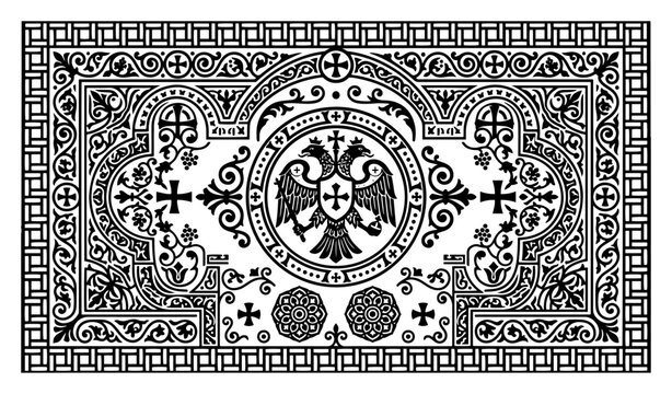 Byzantine double headed eagle emblem with intricate orthodox religious patterns