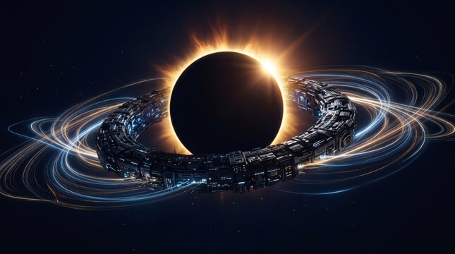 Abstract depiction of a celestial body with a bright corona and a textured ring surrounded by light trails in deep space.