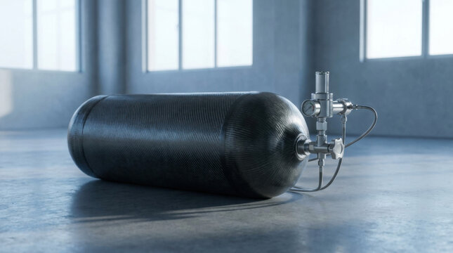 Carbon fiber tank cylinder pressure vessel industrial gas storage metallic valve compressed air system empty warehouse interior