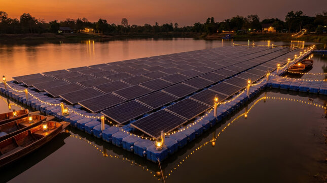 Floating solar panel array on lake at dusk with blue pontoon platform and warm light reflection