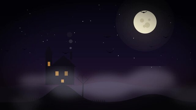 Haunted Victorian Mansion - Flat Design Halloween Motion Background (Seamless Loop)