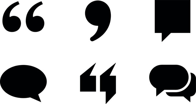 Punctuation marks and speech bubble icon set featuring quotation marks commas chat boxes and discussion symbols isolated on white background.