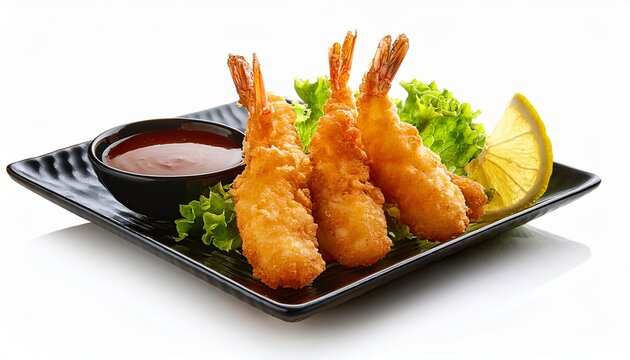 ebi furai shrimp tempura served on a square black plate with dipping sauce lemon slices and a green lettuce garnish isolated on a white background