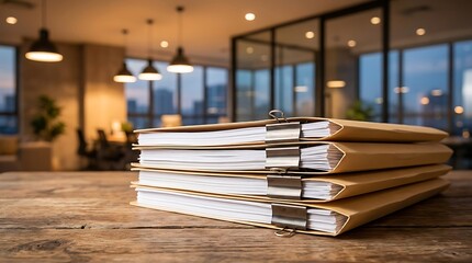Fototapeta premium Stack of folders on wooden table in office documents
