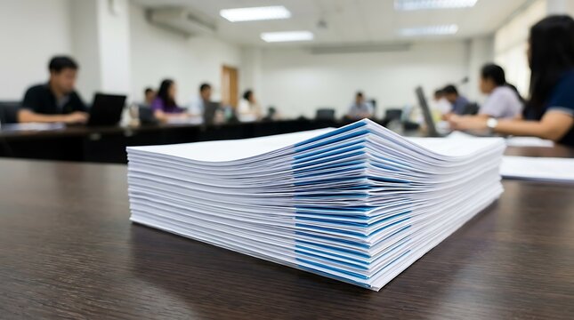 Stack of white and blue documents on wooden table papers