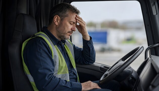 Stressed Truck Driver Suffering from Fatigue While Sitting Inside a Cabin of a Semi Tractor