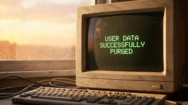 User data purge screen vintage monitor retro computer keyboard desktop computer data erase deletion privacy security technology archive cleanup