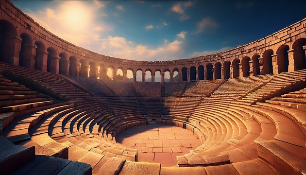 an ancient stone amphitheater with shadowed seats arched exits and a bright sky