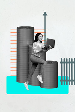 Zine pop image banner 3d photo collage of happy businessman businesswoman receive dollar coin stack transaction capital profit