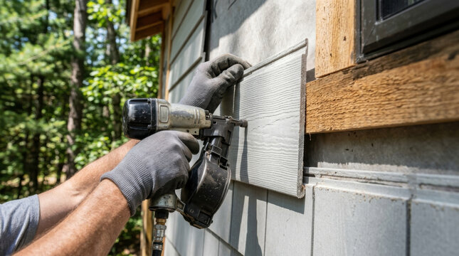 Fire resistant building cladding installation close up exterior wall construction insulation siding nail gun protective glove wooden frame house