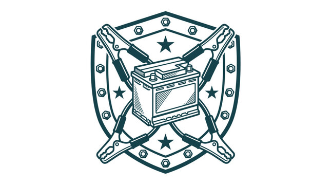 Vintage-style automotive battery illustration featuring a lead-acid battery unit positioned over crossed jumper cable clamps and a protective shield emblem with stars and hex nuts.