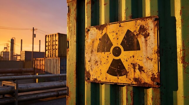 Rusted metal radiation warning sign on green industrial fence