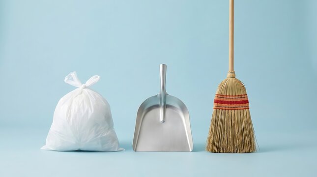 Plastic bag, dustpan, and broom on light blue background