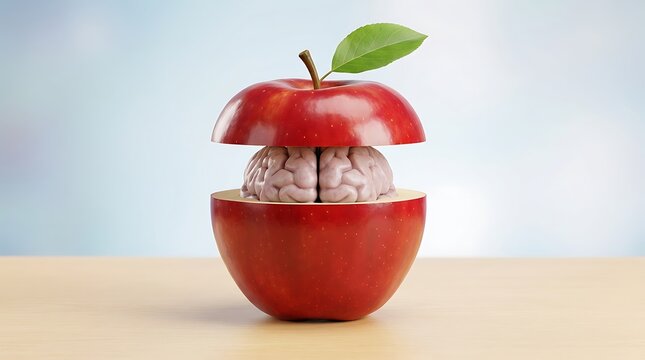 Red apple with human brain inside, sliced open sliced apple