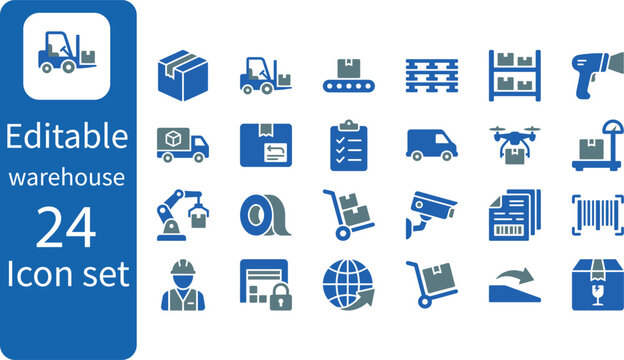 24 editable warehouse icon set with forklift truck barcode scanner and logistics delivery equipment vector symbols
