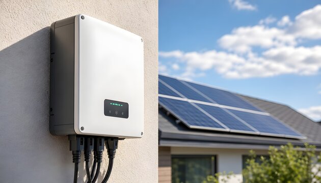 Modern Solar Power Inverter Mounted on a Residential Wall with Photovoltaic Panels Above