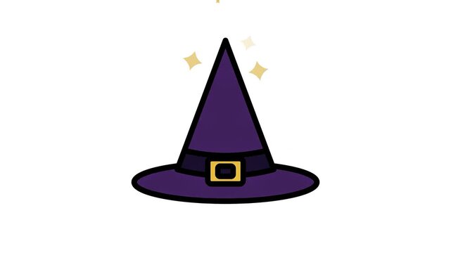 Minimalist purple witch hat illustration with magic sparkles isolated on white background
