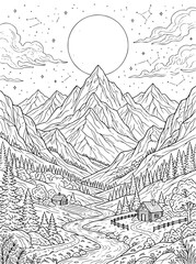 Fototapeta premium Mountain Landscape Coloring Page with Log Cabins and Full Moon