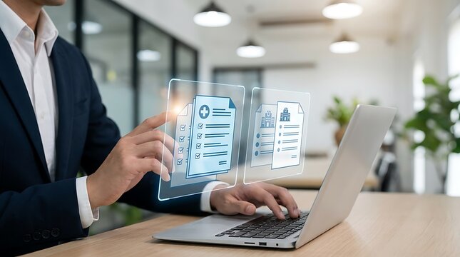Person using laptop with digital document interface