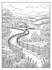Obraz premium Rural countryside landscape coloring page with a farmhouse and winding path