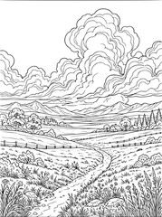 Fototapeta premium Rural Landscape Coloring Page with Mountains and Farmhouse