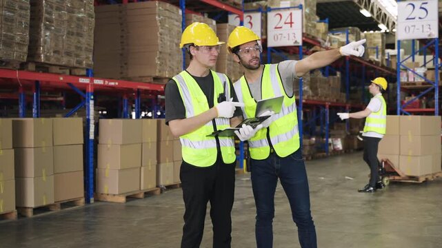Teamwork of men warehouse workers in yellow helmets holding a tablet, working, talking, discussing, planning, inventory, moving cardboard boxes by hand pallet truck in logistics distribution factory. 