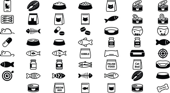 Cat nutrition and pet care line icons bundle featuring kibble bags tin cans fish treats vitamin supplements and accessories