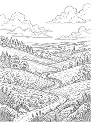 Fototapeta premium Countryside Landscape with Rolling Hills and Winding Road Coloring Page