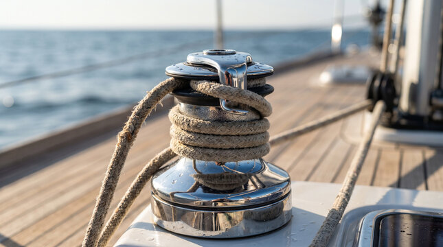 A beautifully detailed photorealistic stock photograph capturing a close-up of a shiny chrome winch wrapped in textured marine ropes on the deck of a modern sailing yacht.