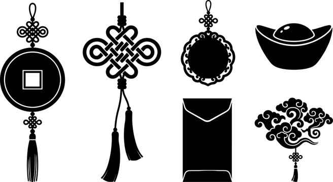 Traditional Chinese New Year icon set featuring lucky coin ornament, mystic knot, hanging amulet, sycee gold ingots, red envelope, and decorative auspicious cloud.