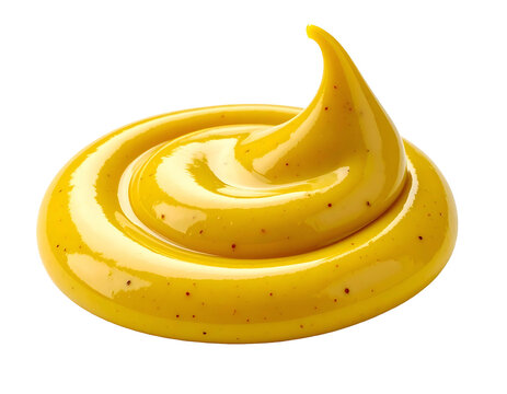 A vibrant dollop swirl of spicy yellow Dijon mustard condiment paste displayed on a seamless white surface