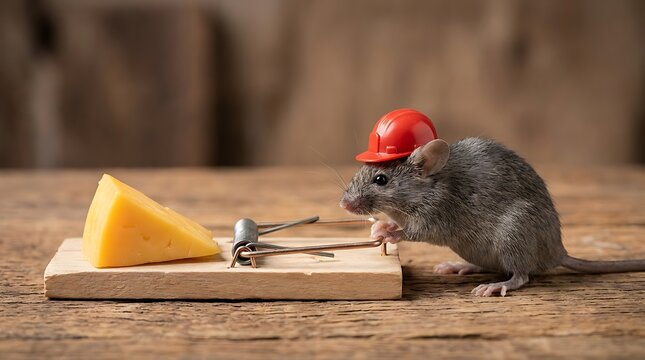 Mouse in red hard hat inspecting cheese and mousetrap