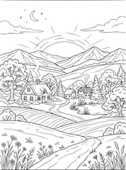 Fototapeta premium Peaceful Mountain Village Landscape Coloring Page for Adults and Kids
