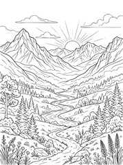 Fototapeta premium Scenic mountain valley landscape with river and sunrise coloring book page