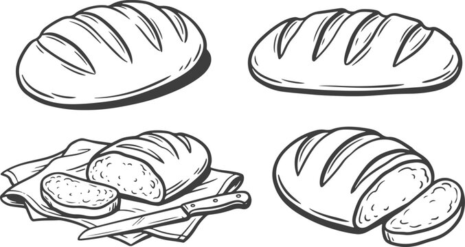 Hand Drawn Bread Loaf Collection Vector Illustration Set with Whole, Sliced and Fresh Baked Artisan Bread for Bakery and Food Themes.