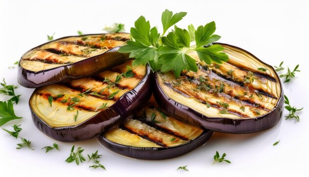 grilled eggplant slices garnished with fresh herbs isolated on a white background