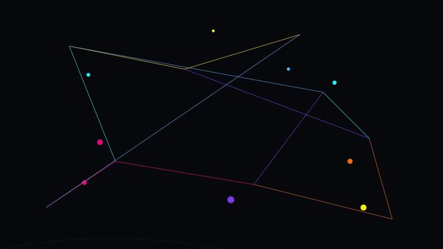 Abstract geometric constellation animation, colorful glowing dots and lines on black, digital network connection loop