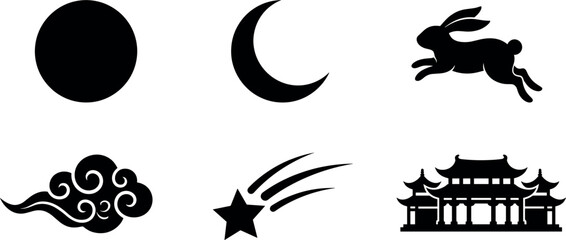 Mid Autumn Festival vector icon set with full moon crescent rabbit oriental cloud shooting star and pagoda © MstAduri