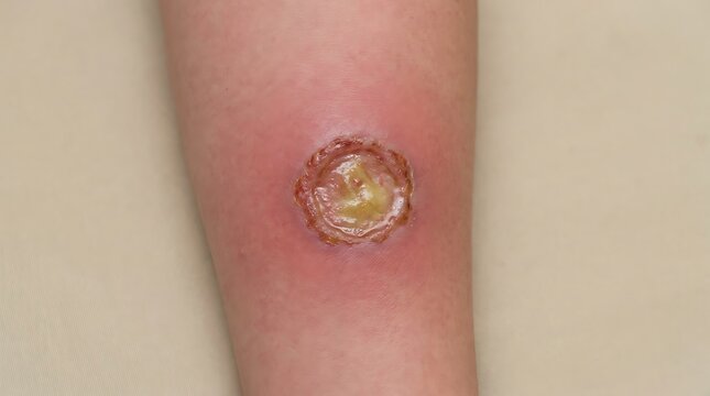 Healing skin wound with scab on human arm injury